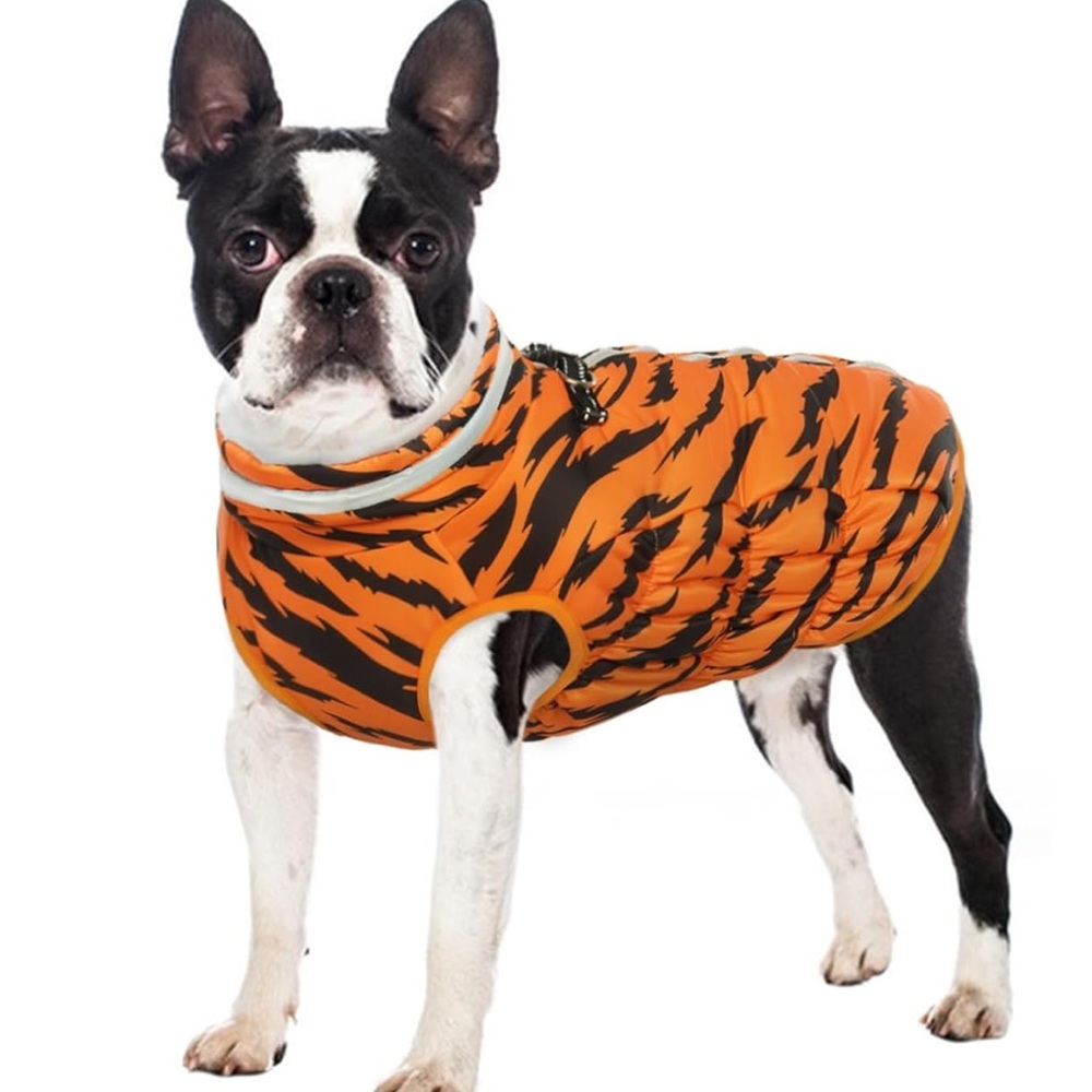 NWOT Tiger Print Dog Jacket Back Zipper Reflective Tape Warm Pile Lining, Large